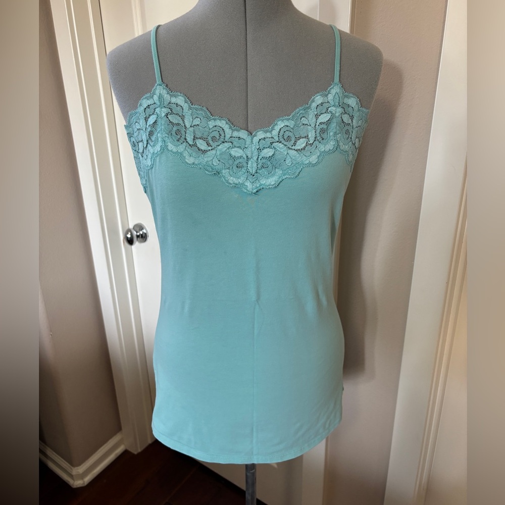 Lace Trim / Cotton & Spandex Garnet Hill Tank Top, Adjustable, Mint, Size M